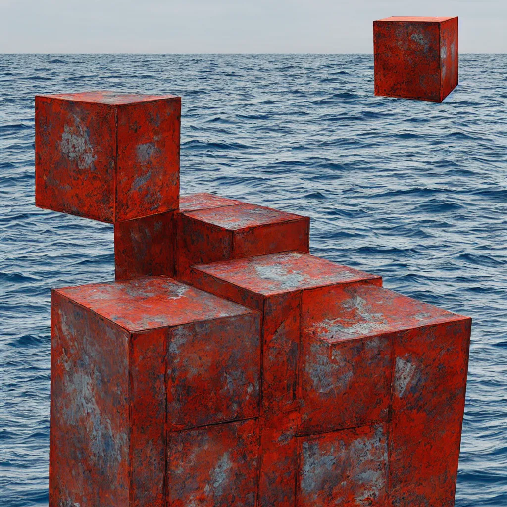 Image similar to an art instillation of a cube in the middle of the ocean, slightly rusting, made by richard sera, 8k photograph, highly detailed