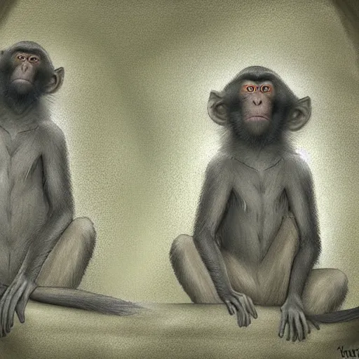 Image similar to two macaques looking at each other inside ancient cave, digital art, soft shadows, creepy art, shadman art