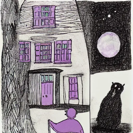 Image similar to Harold and the Purple Crayon in black and white with a purple door and a purple crayon by Maurice Sendak, illustrated as a children's book