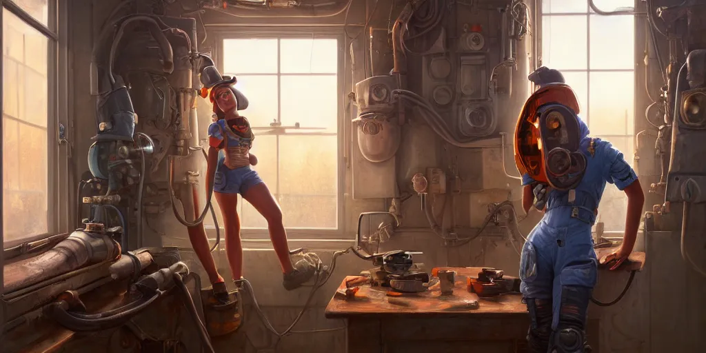 Image similar to highly detailed portrait painting of welder and angelina joile, room mono window, by eddie mendoza and tyler edlin, 8 k resolution