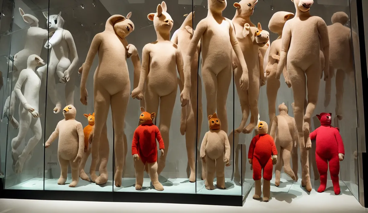 Image similar to diorama windowstore vitrine at the american museum of natural history, new york, of very realistic dissected teletubbies as furry animals, photography portrait aesthetic by guy bourdin, museum artifact