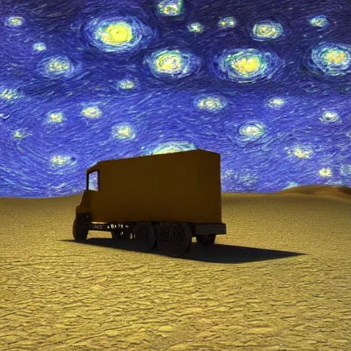 Image similar to 3 d render, skelton, waling, desert, ship, in the style of van gogh starry night.