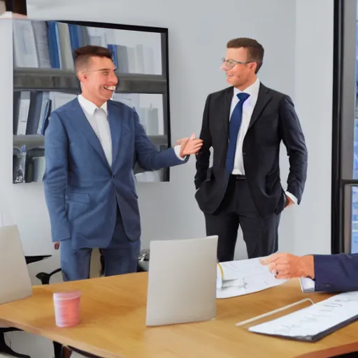 Image similar to hyperrealistic painting image where 3 happy businessmen appear in a business meeting