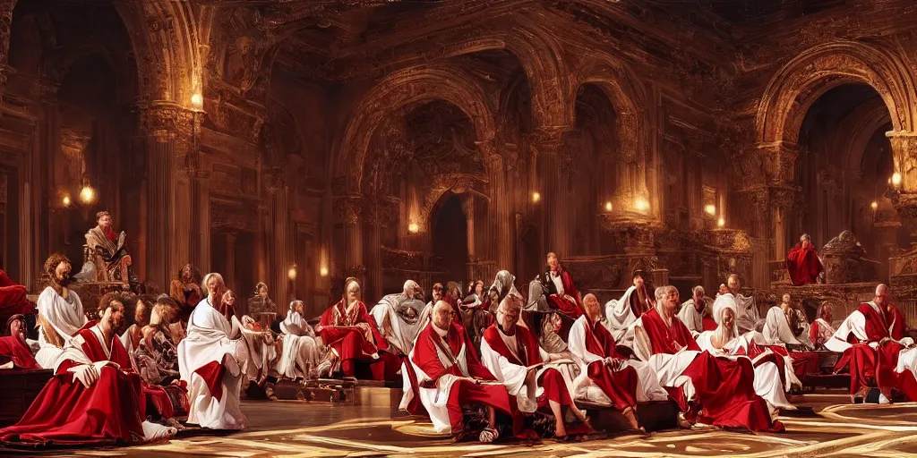 Image similar to ancient senators in royal crimson and white robes sit in tribunes, highly detailed, beautiful cinematic light deep focus, elegant, digital painting, smooth, sharp focus, golden ratio, dramatic illumination, art by aleksi briclot, rutkowski and caravaggio