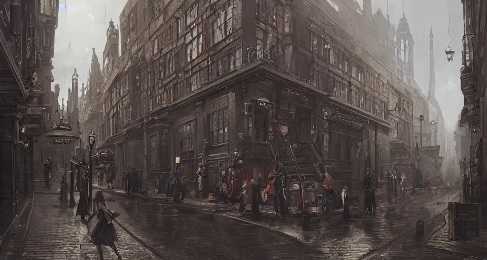 Prompt: victorian london, street scene, street level, whitechapel,hyperdetailed, artstation, cgsociety, 8k