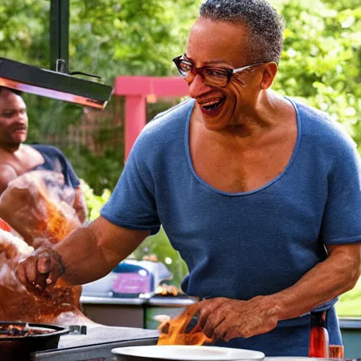 Image similar to gus fring cooking at a family barbecue with no shirt on, laughing out loud