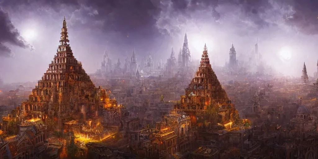 Image similar to magical city of the Great Tartarian Empire adorned with amazing lost technology, lighting resembling fireflies, spires from rooftops collecting and distributing etheric energy, the centerpiece of the city is a colossal ancient pyramid made of metal, cityscape, combining intense detail & utmost quality, Christian Hecker, Artstation, - H 832