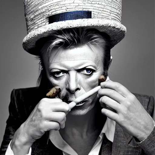 Prompt: david bowie wearing a sombrero and smoking a cigar, realistic, nikon