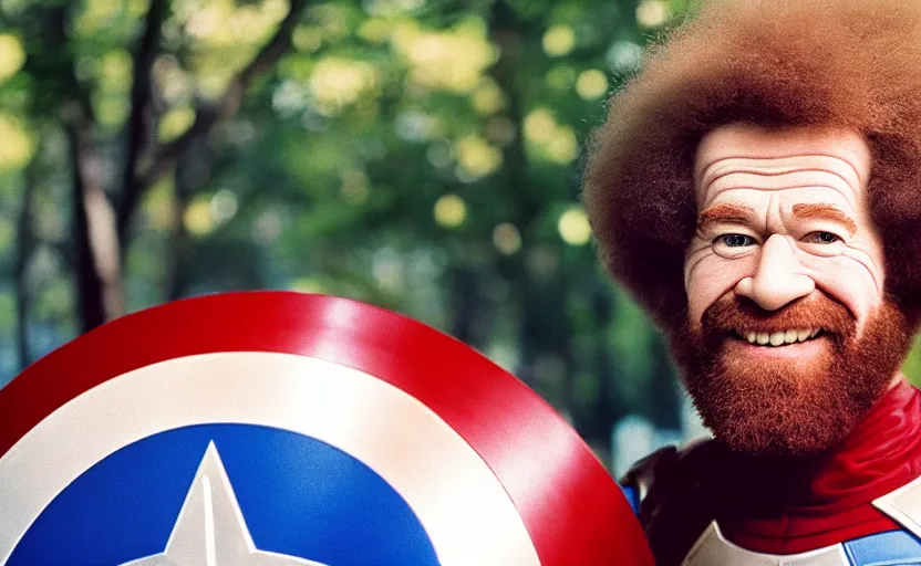 Prompt: cinestill 5 0 d candid photographic portrait by helen levitt of a smiling bob ross as captain america, modern, bright, emotional cinematic, on a green hill, 8 k, hd, high resolution, 3 5 mm, f / 3 2, ultra realistic faces, ex machina