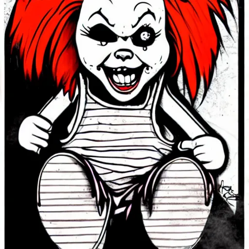 Image similar to grunge drawing of a happy chucky in the style of loony toons | horror themed | pennywise style