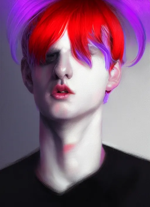 Image similar to hair whitebangs hair, black hair, whitebangs, portrait of trump with white bangs, red irises, purple clothes, white bangs, bangs are different color from hair, intricate, elegant, glowing lights, highly detailed, digital painting, artstation, concept art, smooth, sharp focus, illustration, art by wlop, mars ravelo and greg rutkowski