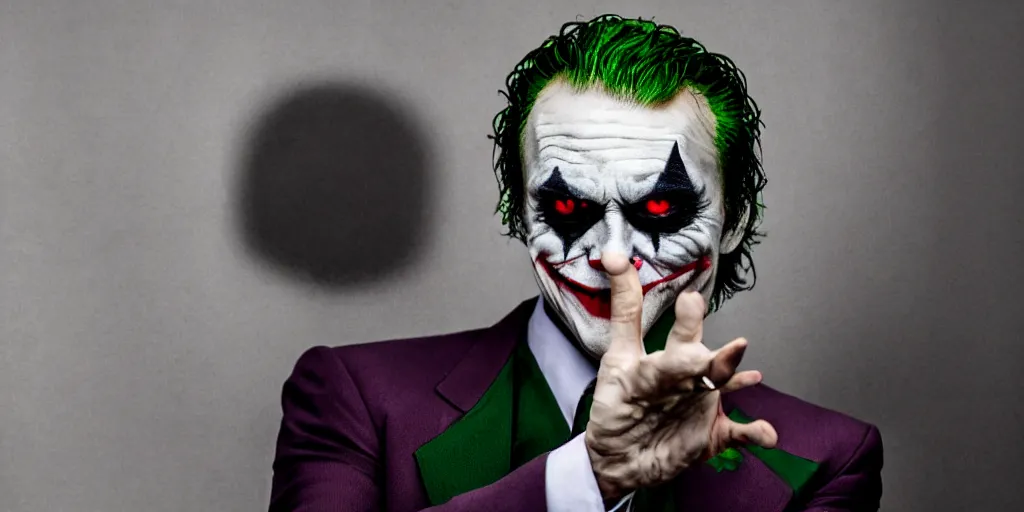 Image similar to joker wearing a suit style, photograph, grinning, creepy,