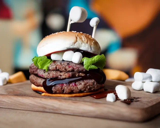 Prompt: dslr food photograph of burger with marshmallows in it, chocolate sauce, 8 5 mm f 1. 4