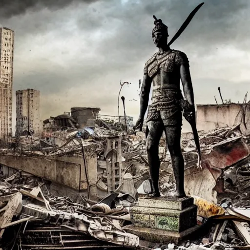 Image similar to statue of a warrior standing in the destroyed city, post apocalyptic scenery