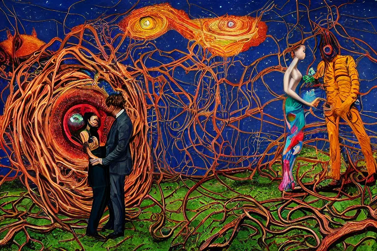 Prompt: expressionism painting of two lovers wearing a suit made of nervous system, channeling third eye energy, surrounded by a background of dark cyber mystic garden of earthly delights, midnight hour, painted part by francis bacon, part by josan gonzales, part by dan mumford, part by norman rockwell, part by gustave moreau, artstation, 4K, highly detailed,