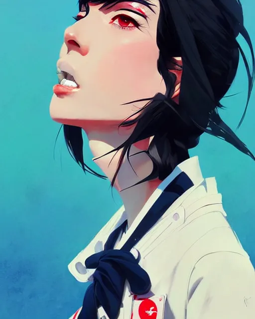 Image similar to a ultradetailed beautiful panting of a stylish woman wearing a sailor uniform, she has black hair, by conrad roset, greg rutkowski and makoto shinkai, trending on artstation