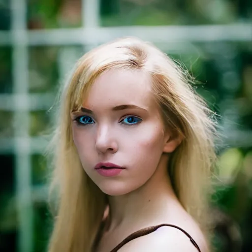 Image similar to aero ektar lens. shallow depth of field. head to waist portrait photograph of an extremely beautiful!!!! young blonde female. symetric face. round detailed eyes. with a very detailed barn owl! on her shoulder., petzval lens. in a tropical greenhouse. featured on flickr, art photography, photo taken with provia,