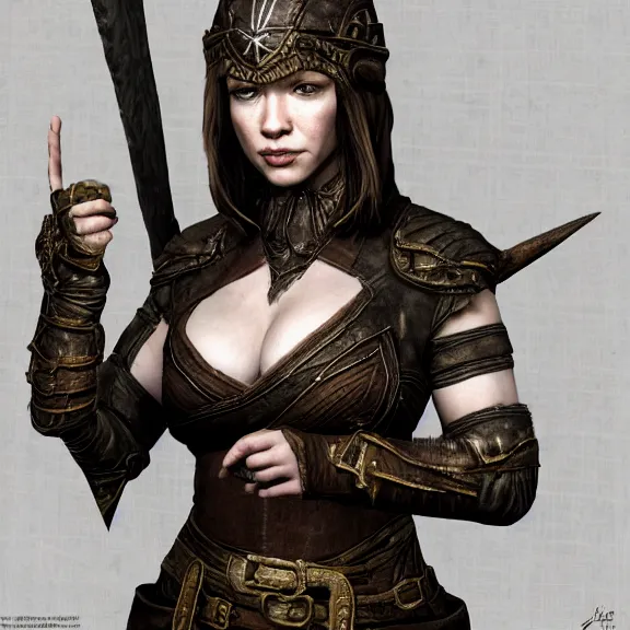 Image similar to photorealistic, christina rene hendricks as a skyrim warrior cosplay character, d & d, fantasy, highly detailed, digital art, trending on artstation, smooth, sharp focus, illustration, art by peter tang and artgem