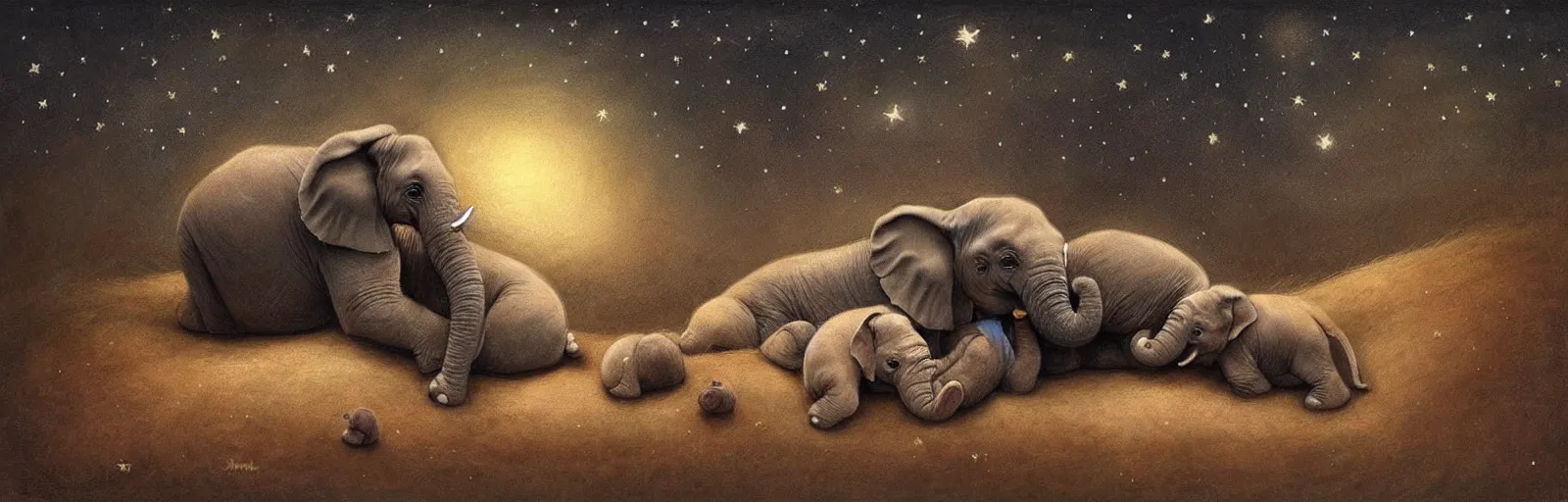 Image similar to a baby elephant sleeping soundly under a starry sky surrounded by savannah, illustration, detailed, smooth, soft, warm, by Adolf Lachman, Shaun Tan