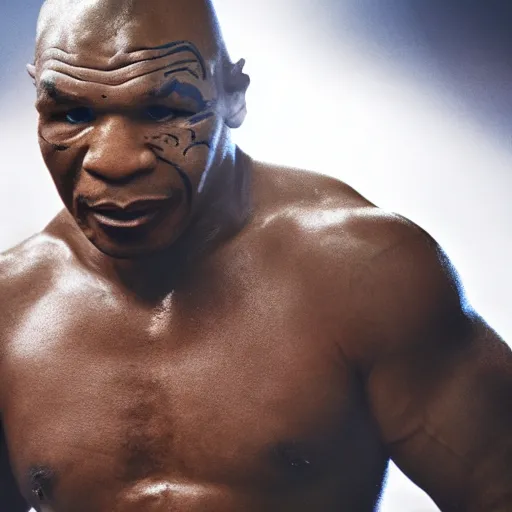 Image similar to a still of mike tyson, cinematic, 4 k, god rays through fog