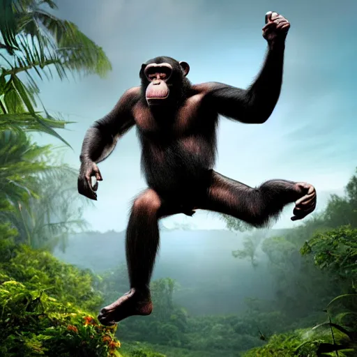 Image similar to Angry Chimpanzee Jumping, Epic Jump, Cinematic Photo, Cinematic Shot, Jungle, Foliage Boris Vallejo, Epic, 8k resolution, ArtStation, Hyperrealistic