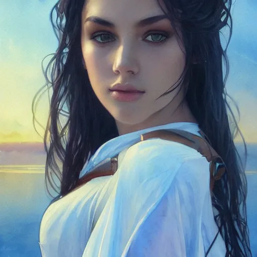 Image similar to River leading into a sunset, Watercolor, photorealistic, high resolution, award winning, trending on artstation, olive skin, long dark hair, beautiful bone structure, intricate, elegant, highly detailed, digital painting, artstation, concept art, smooth, sharp focus, illustration, art by artgerm and greg rutkowski and alphonse mucha