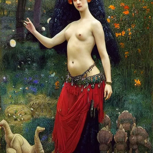 Prompt: epic masterpiece full body portrait a beautiful woman belly dancer, standing next to baby stegosaurus in a garden, by Edgar Maxence and Ross Tran and Michael Whelan