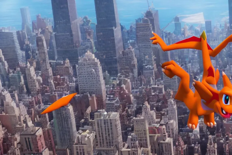 Image similar to charizard flying above new york, still from a pixar movie, high quality 3 d render, movie, pixar, renderman, 4 k, artstation