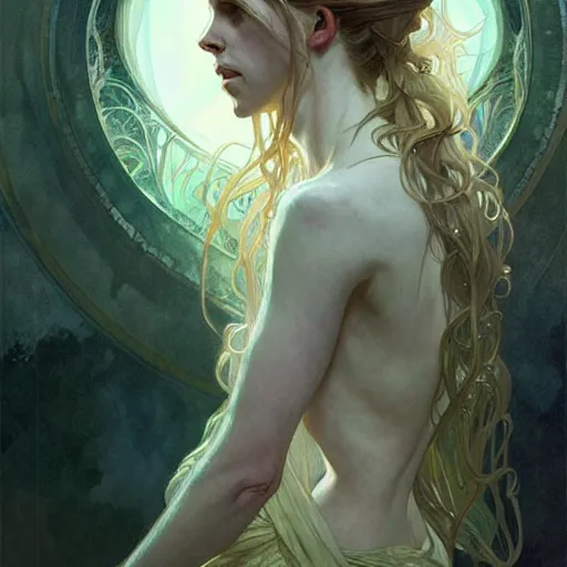 Image similar to The OA, Brit Marling, fantasy, intricate, elegant, highly detailed, digital painting, artstation, concept art, smooth, sharp focus, illustration, art by Krenz Cushart and Artem Demura and alphonse mucha