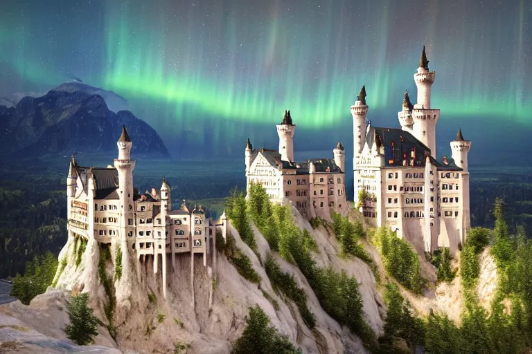 Image similar to neuschwanstein castle on pamukkale thermal waters flowing down gold travertine terraces in royal blue antelope canyon during sakura season on an interstellar aurora borealis with heavy thunder and lightning, pink waterfalls, by peter mohrbacher, james jean, james gilleard, greg rutkowski, vincent di fate, rule of thirds, octane render, beautiful landscape