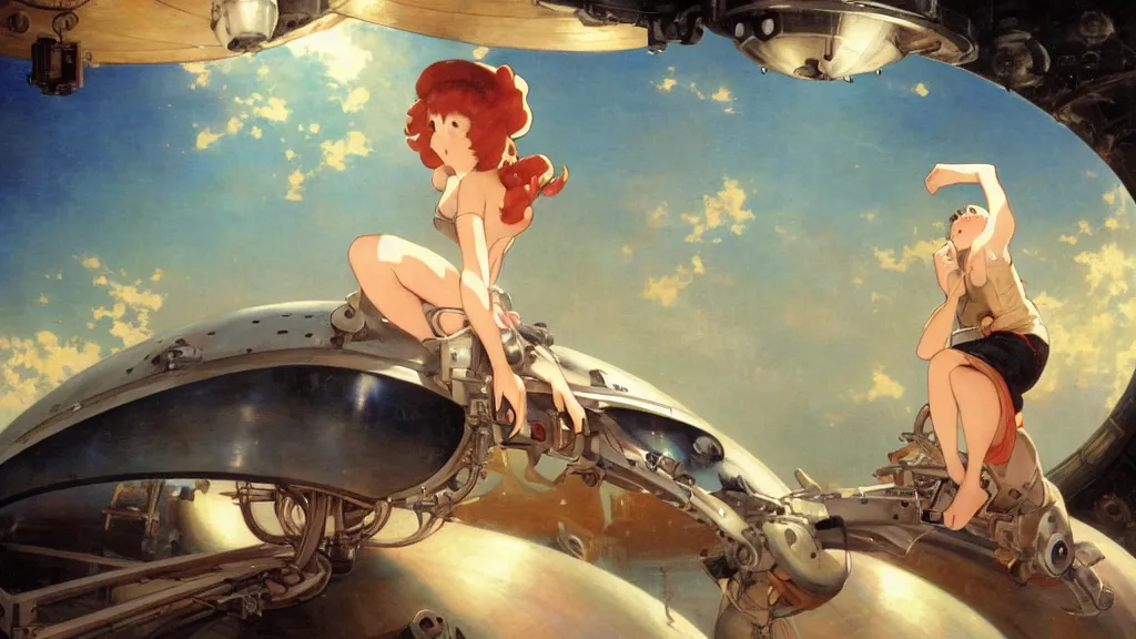 Image similar to a film still of a 1 9 5 0's mechanic anime girl sitting on top of flying ufo landing in hangar of giant ufo spaceship, sharp face focus, finely detailed features, full body mid shot, perfect art, trending on pixiv fanbox, painted by gaston bussiere, makoto shinkai, akihiko yoshida, gaston bussiere, craig mullins