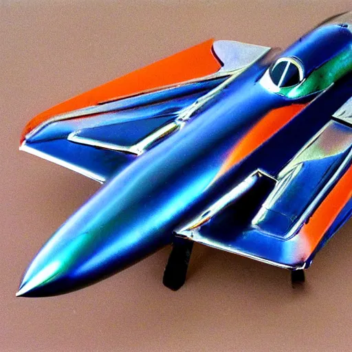 Image similar to Chrome fighter jet, blue and orange chrome, shiny, desert chrome, 19801980s airbrushed chrome