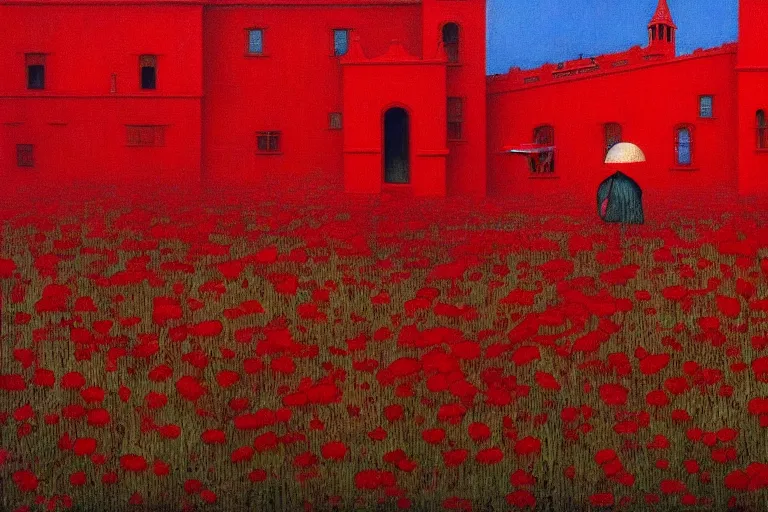 Image similar to only with red, red flowers of different types, red castle in background, red medieval big goblins, in the style of beksinski, parts by edward hopper, parts by rodcenko, parts by yue minjun, intricate and epic composition, red by caravaggio, insanely quality, highly detailed, masterpiece, red light, artstation, 4 k