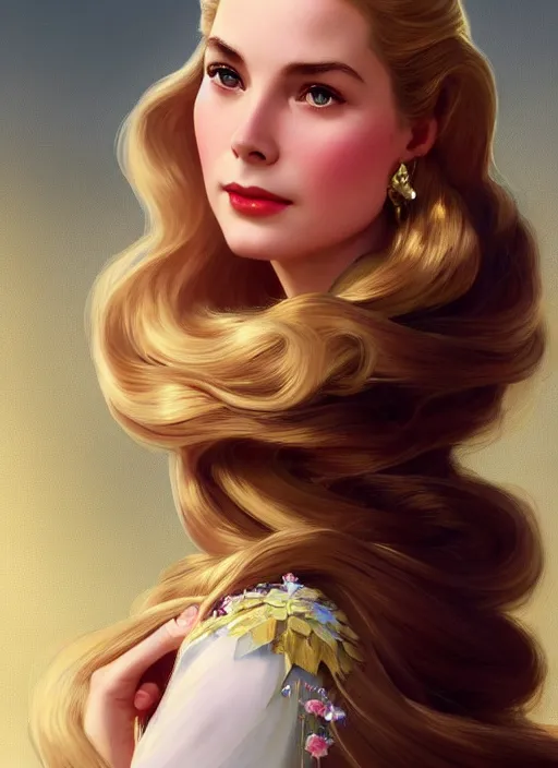 Image similar to Grace Kelly with ridiculously long hair as Rapunzel, western, D&D, fantasy, intricate, elegant, highly detailed, digital painting, artstation, concept art, matte, sharp focus, illustration, art by Artgerm and Greg Rutkowski and Alphonse Mucha, masterpiece, stunning, artstation