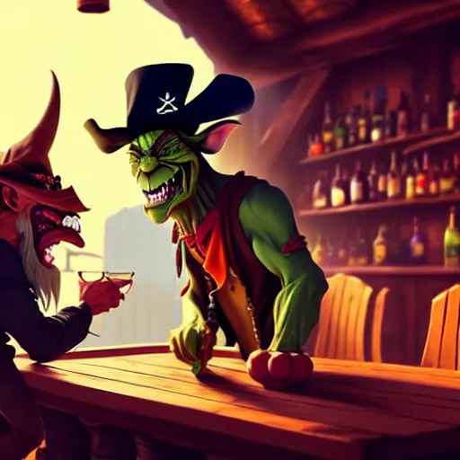 Prompt: a goblin with a large nose and a pirate with a bandana negotiating a contract with Jared Leto in a Western saloon. aesthetic octane render, 8K HD Resolution, by ilya kuvshinov and Cushart Krentz and Gilleard James