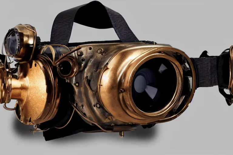 Prompt: a high quality product photography photoshoot of steampunk holowave virtual reality goggles