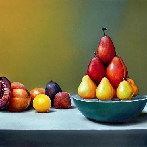 Image similar to melancholic, defined by marek okon. a still life of fruit on a table. the fruit is arranged in a pyramid shape, with the largest pieces of fruit at the bottom & the smallest pieces of fruit at the top. the colors are bright & the illustration has a lot of texture.