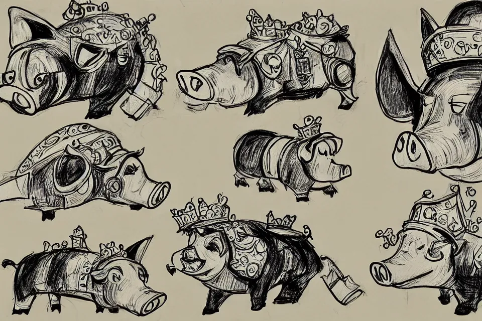 Image similar to concept sketches of a pig wearing a gold crown side profile by jamie hewlett, in the style of megaman