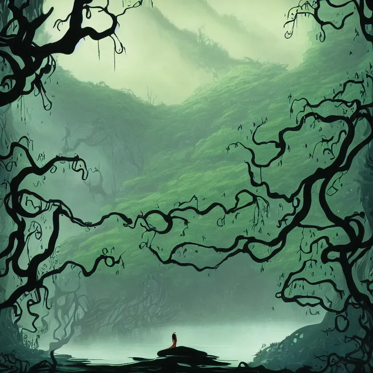 Image similar to concept art of a person in a body of water surrounded by trees, lush vines, a detailed matte painting by eyvind earle, featured on deviantart, fantasy art, matte painting, enchanting