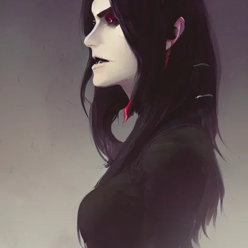 Image similar to female human vampire witch in the style of greg rutkowski, makoto shinkai, trending on artstation, character design, concept art, pretty face, highly detailed, long black hair, portrait, digital art