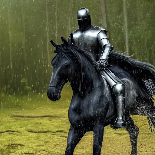 Prompt: a knight riding a shadow horse, knight's face is covered in black, rain, forest