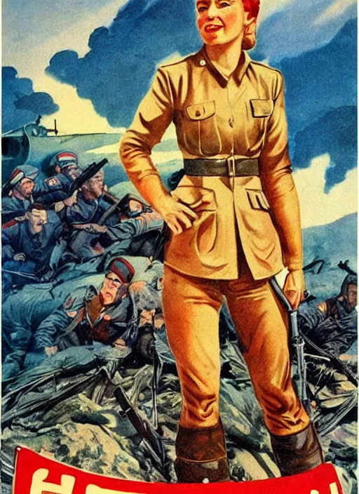 Image similar to beautiful female captain russia standing on a pile of defeated german soldiers. feminist captain russia wins wwii. soviet propaganda poster by james gurney