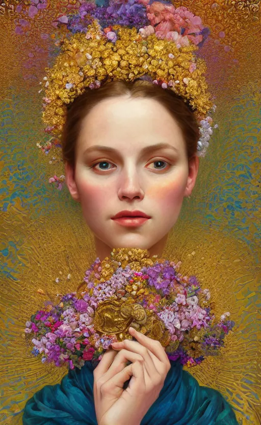 Image similar to a gold oil painting hyperrealism of a beautiful woman on a white background, flowers, painted by mucha, floral headdress, 8 k resolution, octane render, trending on artstation, volumetric light 2 blue fractal thunder glow by dan mumford, anaglyph effect, laurie lipton