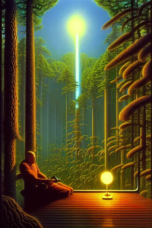 Prompt: a futuristic minimalistic tiled room with a view of a pine forest, tim hildebrandt, wayne barlowe, bruce pennington, donato giancola, trending on artstation, cinematic composition, beautiful lighting, hyper detailed, 8 k, oil on canvas