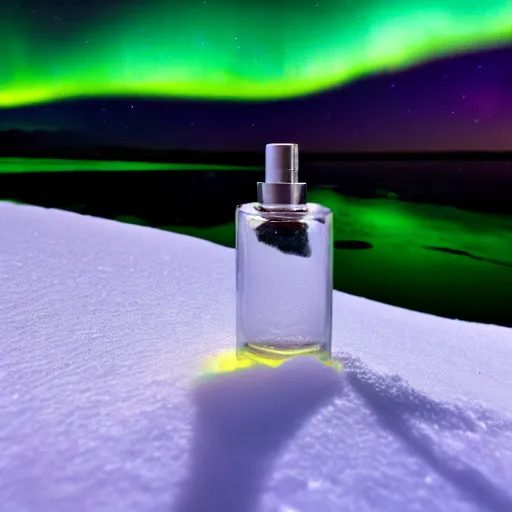 Prompt: perfume bottle buried in the snow under the northern lights