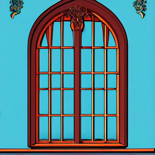 Image similar to digital illustration of a beautiful window open front view, complete window!, realis aesthetic, achenbach, andreas, angelico, fra, bellotto, bernardo, ornate, russian style, colorful architectural drawing, behance contest winner, vintage frame window