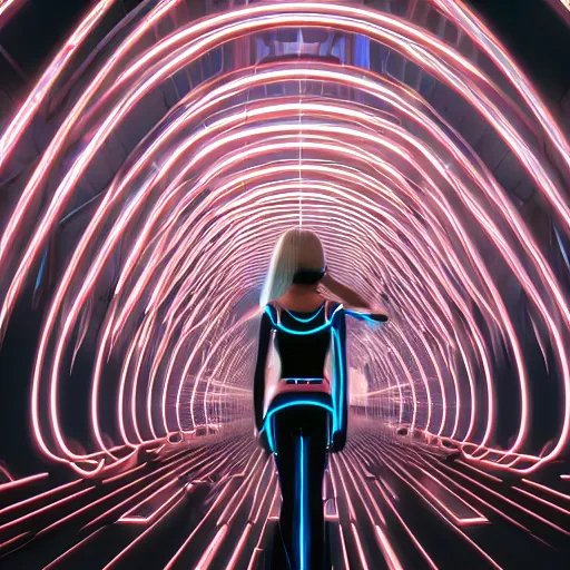 Image similar to chromatic cyborg female discovering her own consciousness in a mirror maze (Unreal Engine, 3D, Reflections, Glossy, Hyer-Realistic, Futuristic, Noise, Gradient)