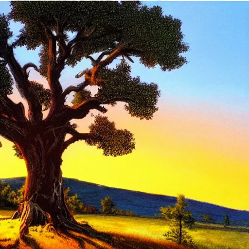 Prompt: a large-dead-oak atop a hill with a bright-sunset behind it by bob ross