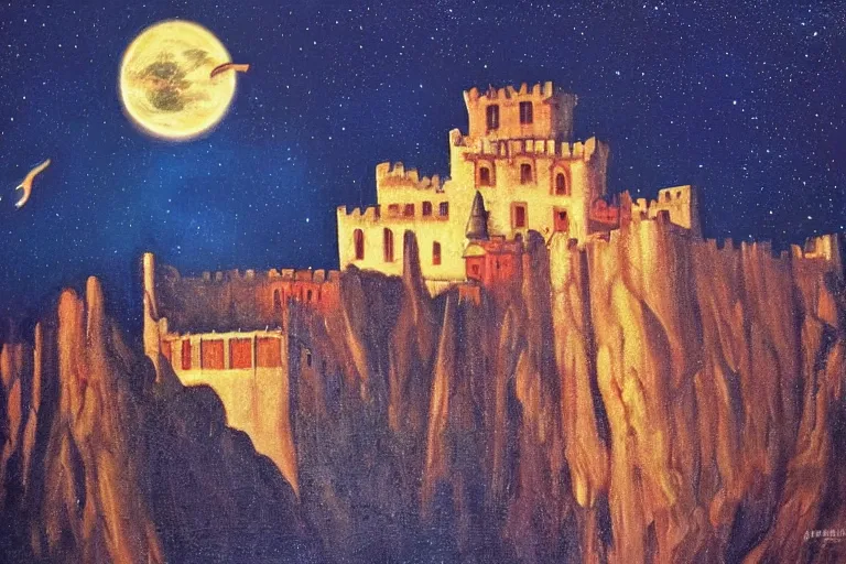 Image similar to The Castle of Dracula in Jupiter, beautiful, national geographic, very detailed, astrophotography, oil painting, canvas, Sandra Pelser, Jeff Lyons, Edward Hopper