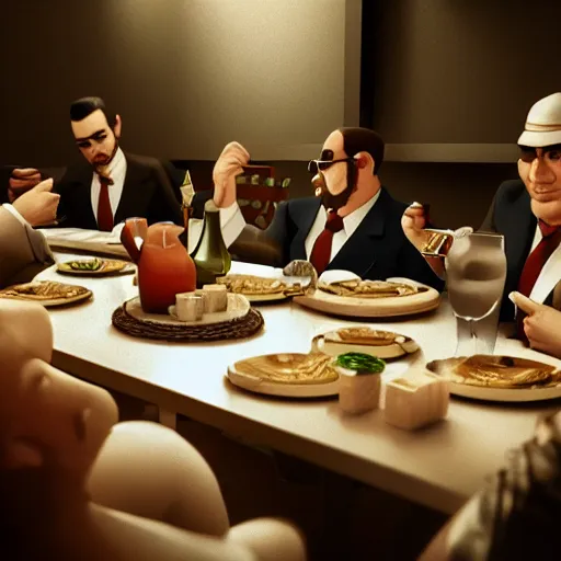 Image similar to a mafia family having dinner around a table, 3 d render octane, trending on artstation